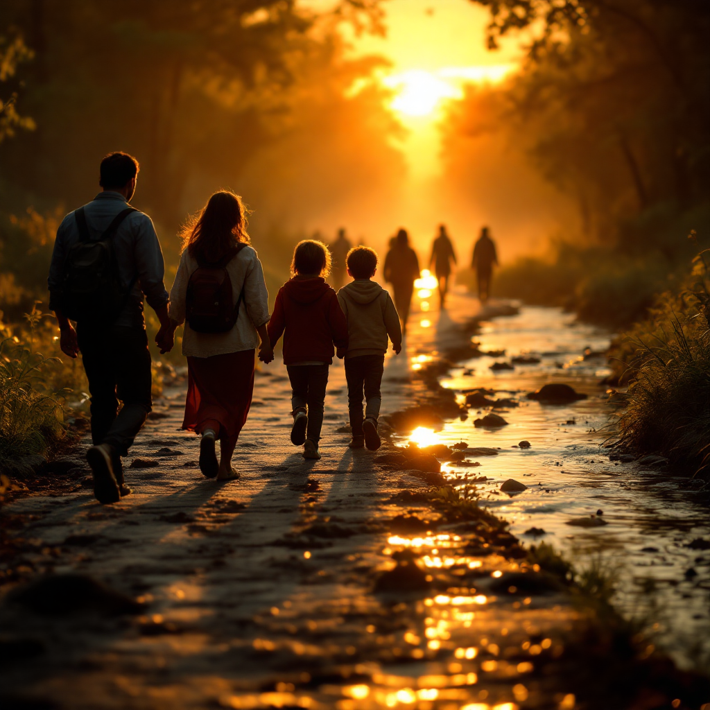 People walking upstream into the sunset